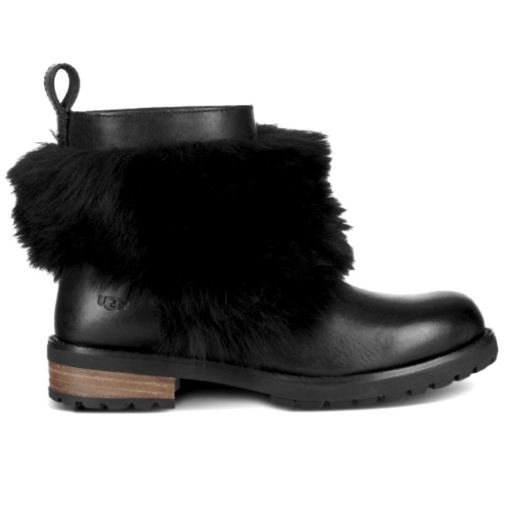 EUC [UGG] RARE Otelia Black Leather Round Toe Ankle Fur Booties Women’s Sz 6 - Picture 2 of 11